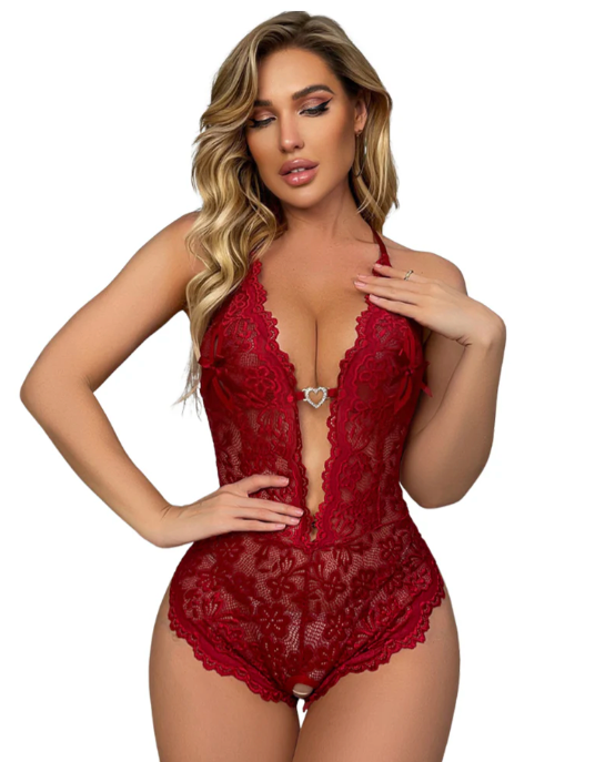 Women's Floral Lace Scallop Trim Cut Out Sheer Crotchless Sexy Lingerie Wear